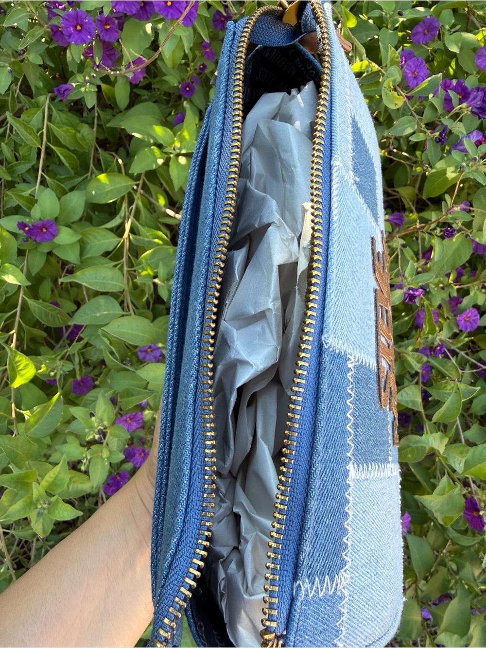 Steve Madden Denim Patch Blexi Crossbody - stitched patchwork denim panels - Picture 7 of 10